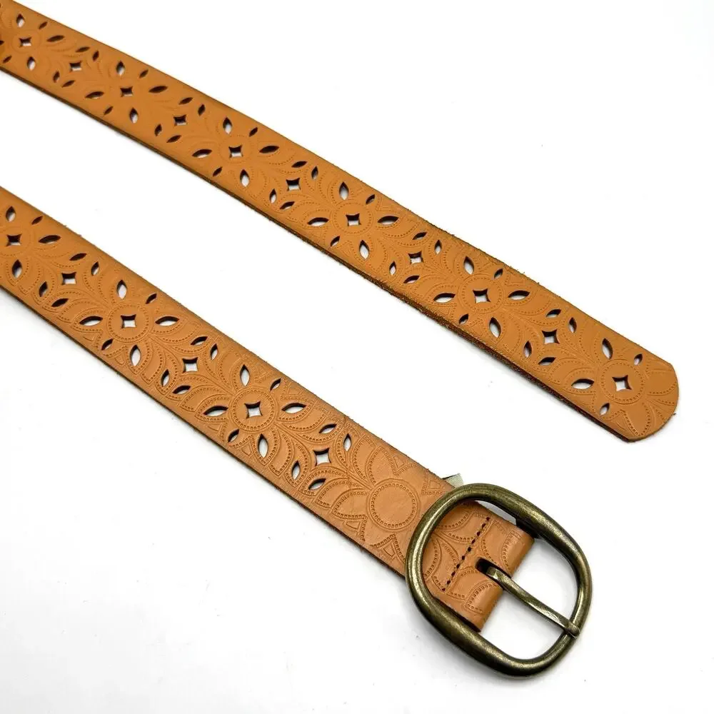 Fossil Boho Belt M 34 Tan Leather Tooled Pinwheel Cut Outs Western Hippie Y2K